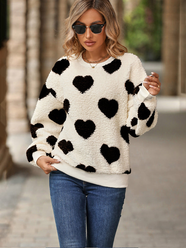 Plush Love Print Loose Long Sleeve Round Neck Pullover Sweatshirt