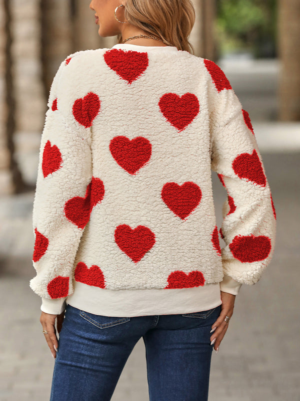 Plush Love Print Loose Long Sleeve Round Neck Pullover Sweatshirt