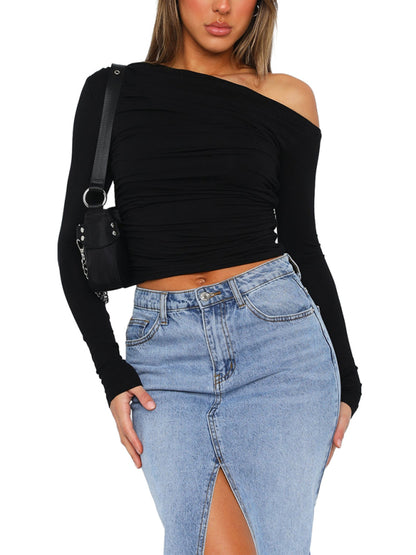 Off-shoulder Asymmetrical Solid Slim Fit Cropped T-shirt