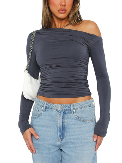 Off-shoulder Asymmetrical Solid Slim Fit Cropped T-shirt