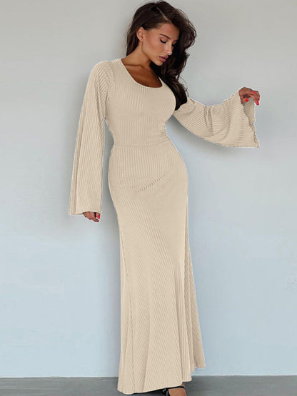 Feminine U-neck Tie-back Long-sleeved Party Dress