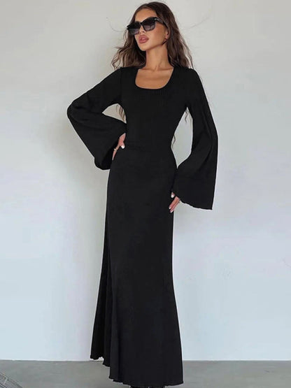 Feminine U-neck Tie-back Long-sleeved Party Dress