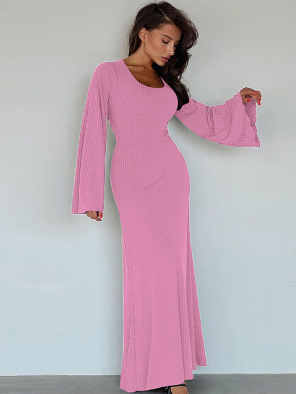 Feminine U-neck Tie-back Long-sleeved Party Dress