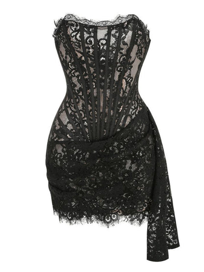 Lace See-through Splicing Waist Tube Mini Dress