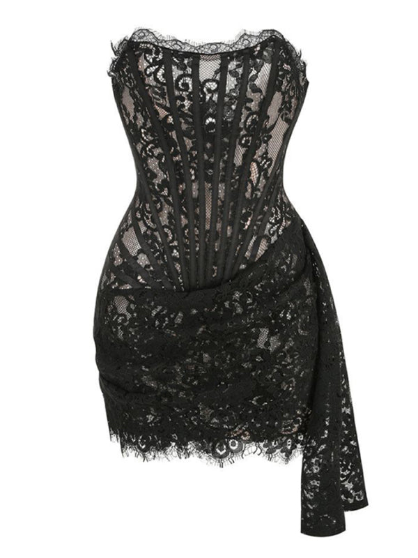 Lace See-through Splicing Waist Tube Mini Dress