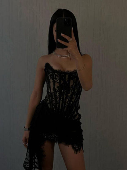 Lace See-through Splicing Waist Tube Mini Dress