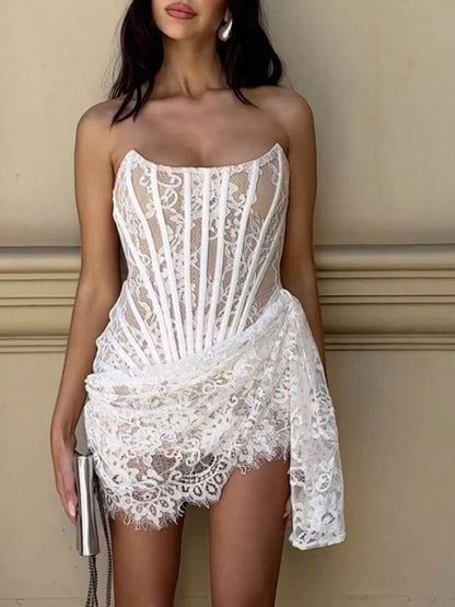 Lace See-through Splicing Waist Tube Mini Dress