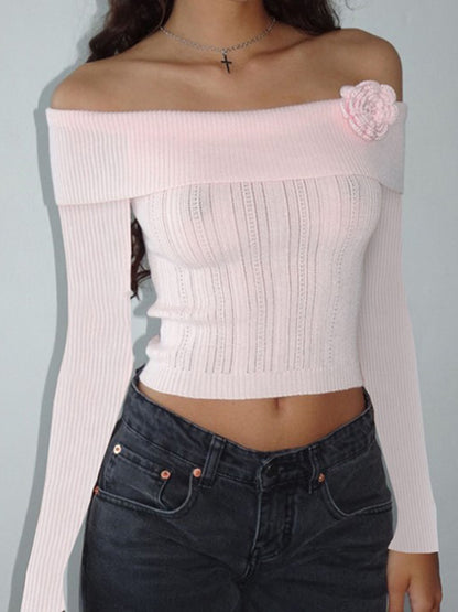 Sexy Off-shoulder Three-dimensional Floral Long-sleeved Knitted Top