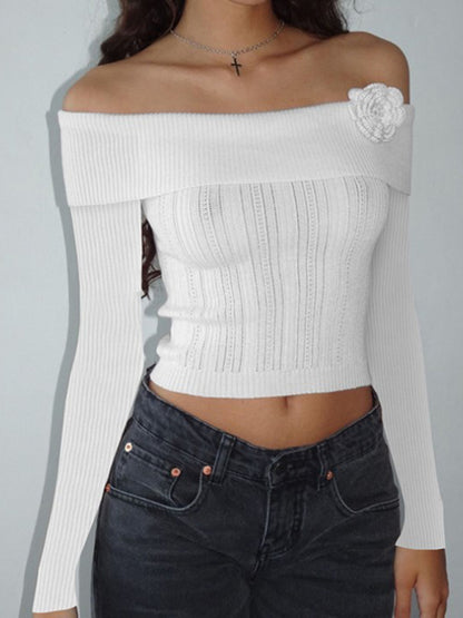 Sexy Off-shoulder Three-dimensional Floral Long-sleeved Knitted Top