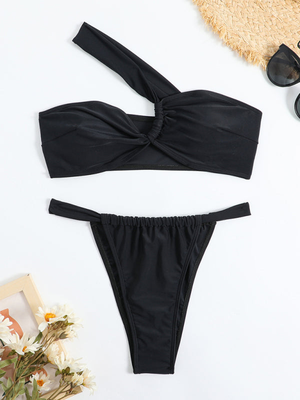 One-shoulder Slant Style Solid Color Bikini Swimsuit