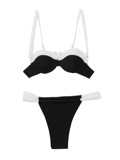 Trendy Black-White Color Block Sexy Backless Bikini Swimsuit