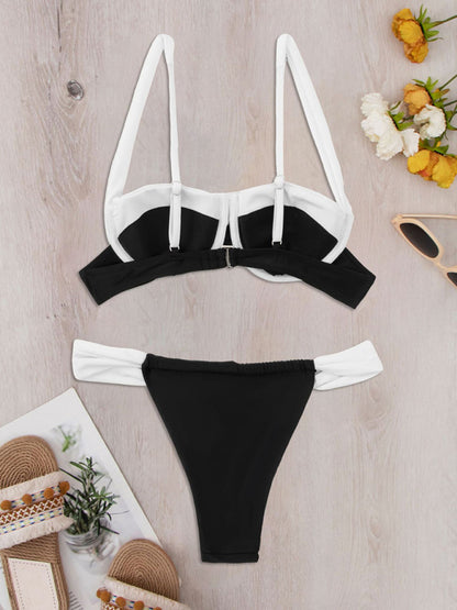 Trendy Black-White Color Block Sexy Backless Bikini Swimsuit