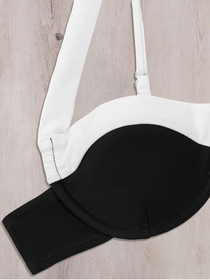 Trendy Black-White Color Block Sexy Backless Bikini Swimsuit