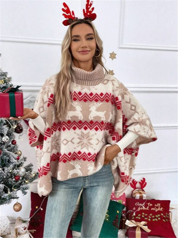 Turtleneck Christmas Elk Contrast Pattern Bat Sleeve Sweater