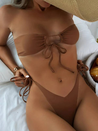 Solid Color Strapless Tube Top Bikini Swimsuit