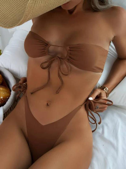 Solid Color Strapless Tube Top Bikini Swimsuit