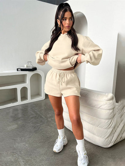 Loose Fit Solid Color Sweatshirt & Casual Shorts Set