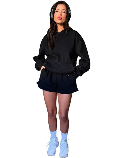 Loose Fit Solid Color Sweatshirt & Casual Shorts Set