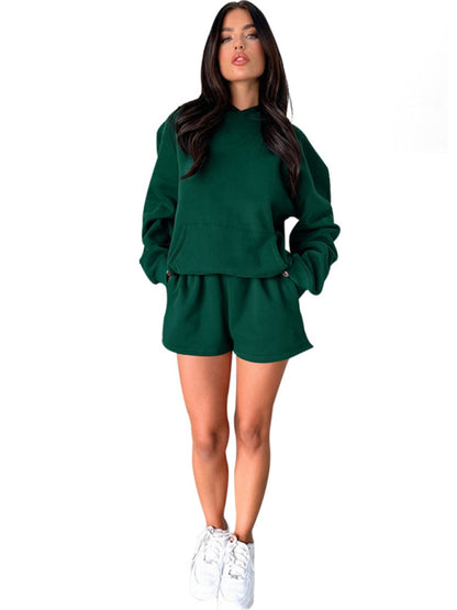 Loose Fit Solid Color Sweatshirt & Casual Shorts Set