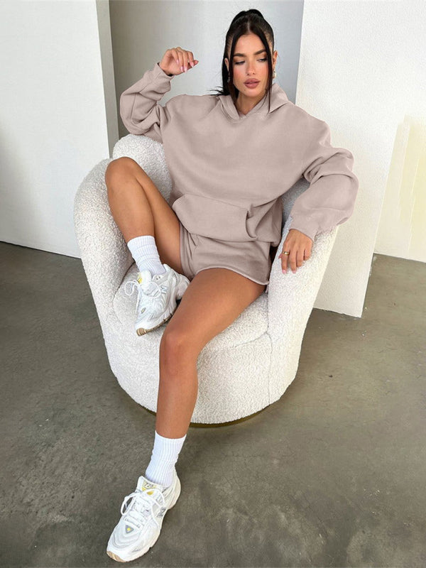 Loose Fit Solid Color Sweatshirt & Casual Shorts Set