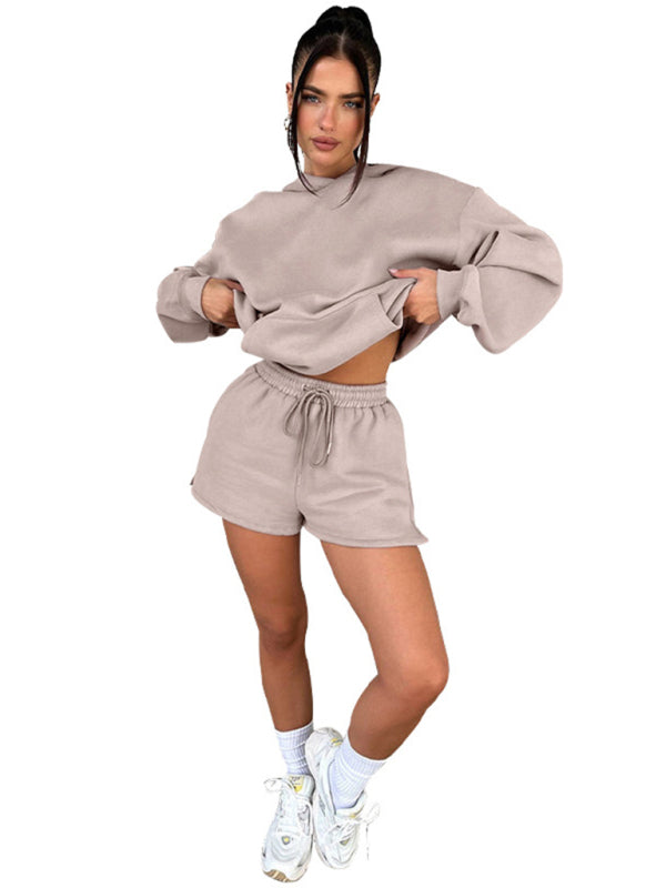 Loose Fit Solid Color Sweatshirt & Casual Shorts Set