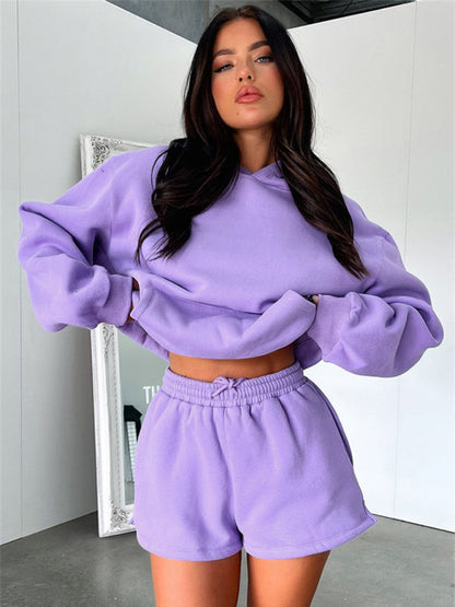 Loose Fit Solid Color Sweatshirt & Casual Shorts Set