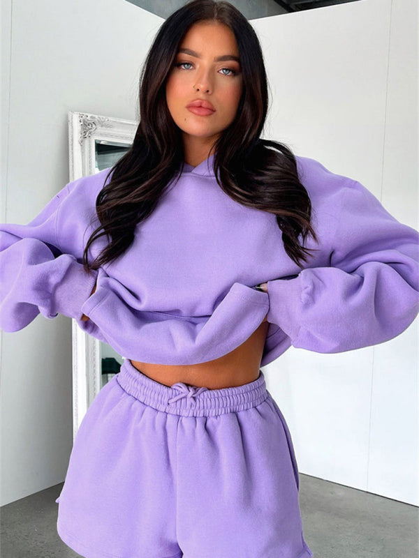 Loose Fit Solid Color Sweatshirt & Casual Shorts Set