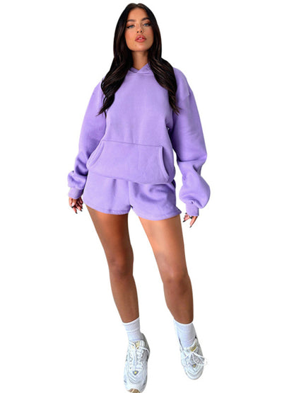 Loose Fit Solid Color Sweatshirt & Casual Shorts Set