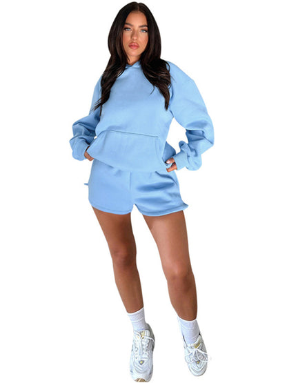 Loose Fit Solid Color Sweatshirt & Casual Shorts Set