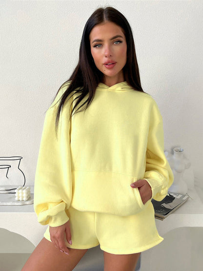 Loose Fit Solid Color Sweatshirt & Casual Shorts Set