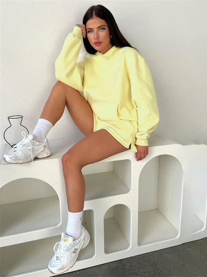 Loose Fit Solid Color Sweatshirt & Casual Shorts Set