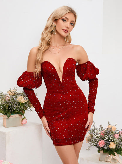 Chest Wrapped Starry Sky Deep-V Drop Shoulder Mini Dress