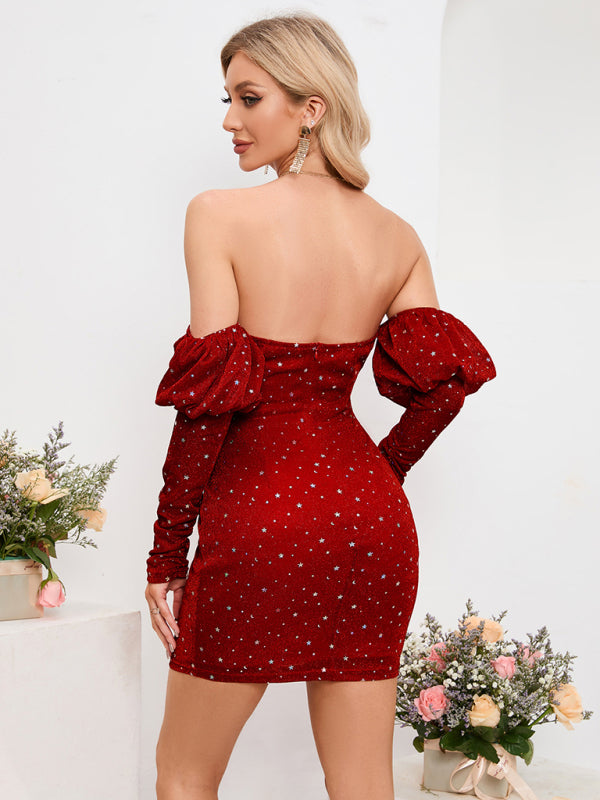 Chest Wrapped Starry Sky Deep-V Drop Shoulder Mini Dress