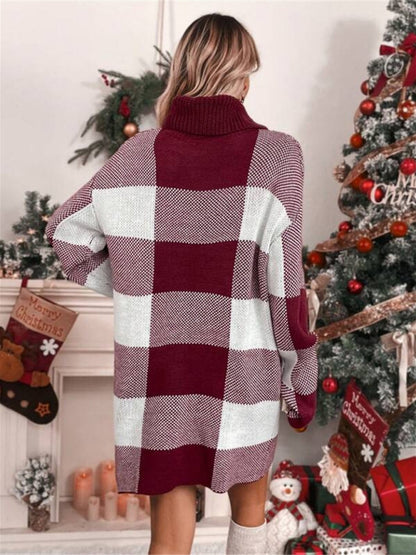 Christmas Turtleneck Loose Slimming Plaid Contrast Sweater Dress