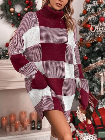 Christmas Turtleneck Loose Slimming Plaid Contrast Sweater Dress