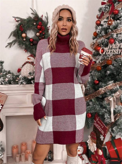 Christmas Turtleneck Loose Slimming Plaid Contrast Sweater Dress