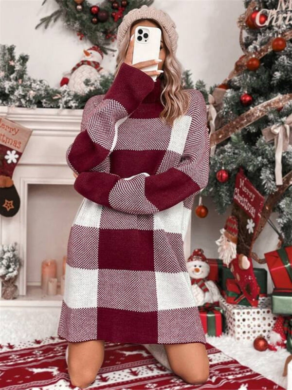 Christmas Turtleneck Loose Slimming Plaid Contrast Sweater Dress