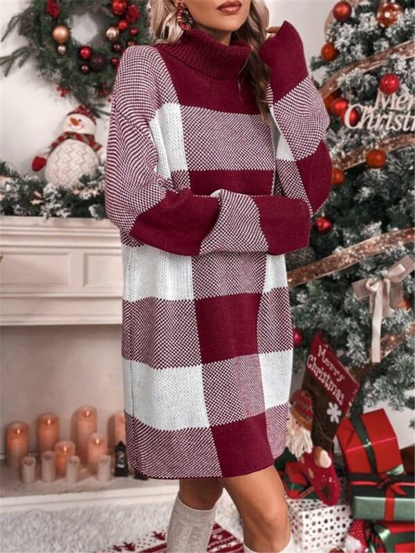 Christmas Turtleneck Loose Slimming Plaid Contrast Sweater Dress