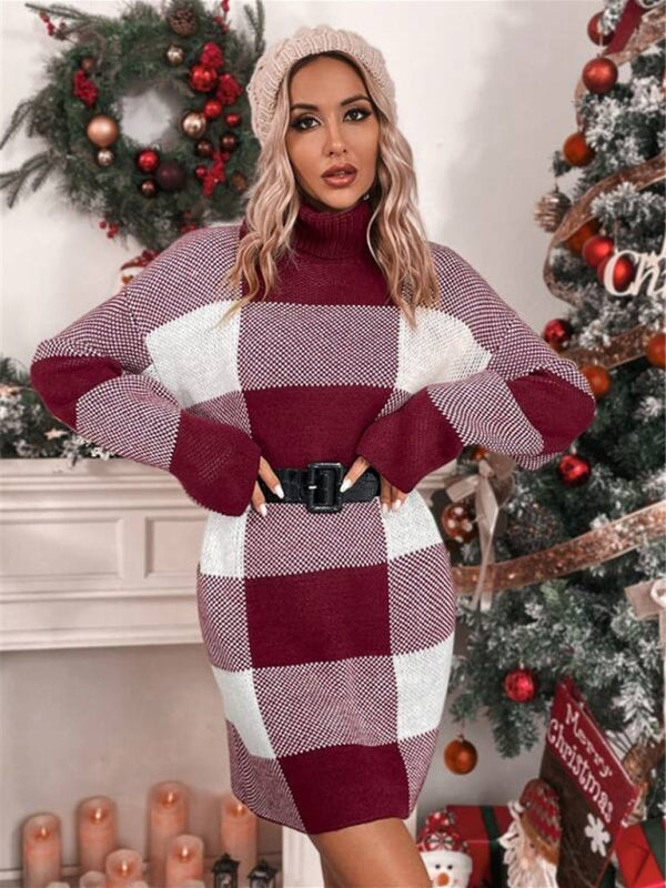 Christmas Turtleneck Loose Slimming Plaid Contrast Sweater Dress