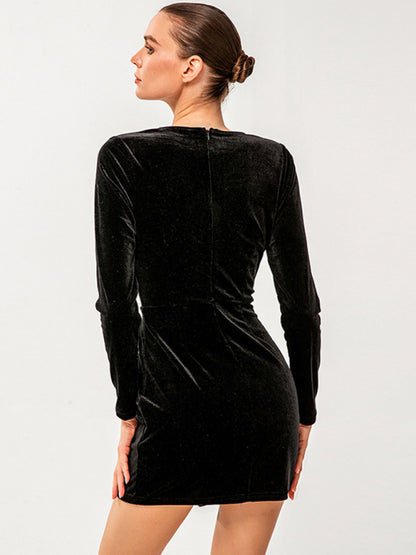 Elegant Long Sleeve Ruched Deep-V Mini Dress