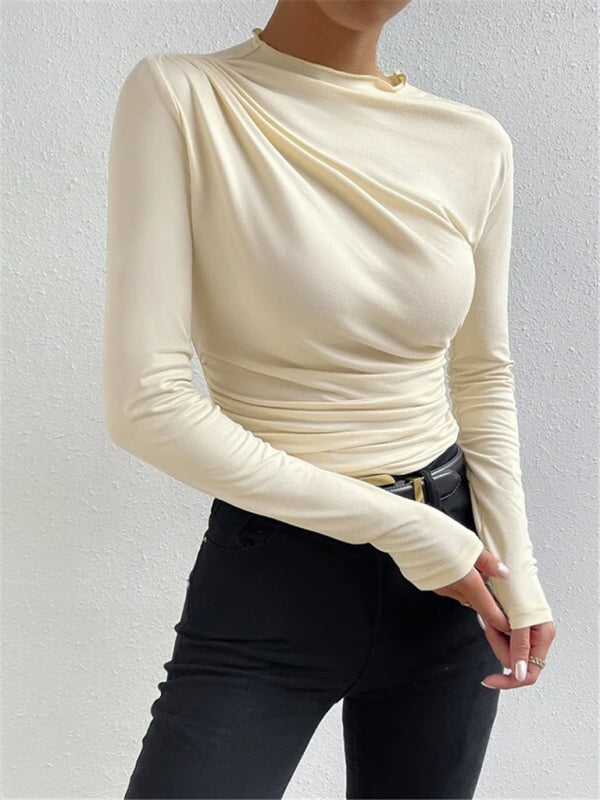 Solid Color Slim Fit Versatile Long-sleeved Ruffled Design T-shirt