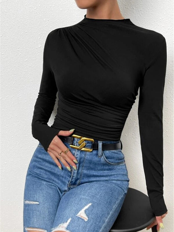 Solid Color Slim Fit Versatile Long-sleeved Ruffled Design T-shirt