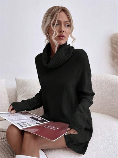 Solid Color Loose Turtleneck Knitted Sweater Dress