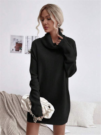 Solid Color Loose Turtleneck Knitted Sweater Dress