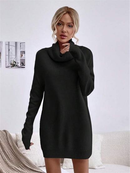 Solid Color Loose Turtleneck Knitted Sweater Dress