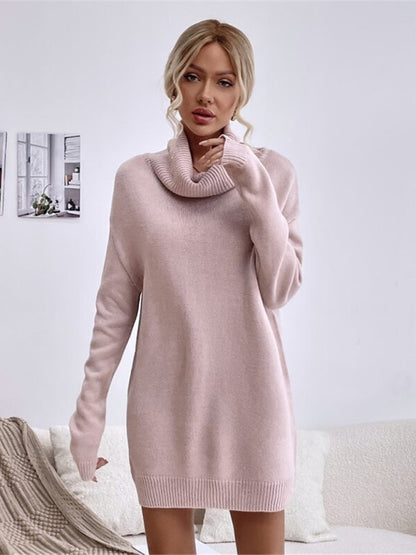 Solid Color Loose Turtleneck Knitted Sweater Dress