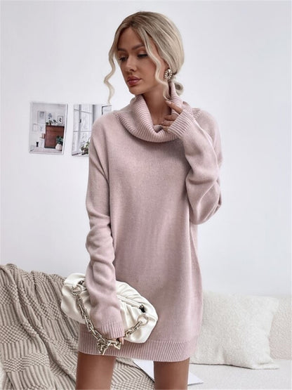 Solid Color Loose Turtleneck Knitted Sweater Dress