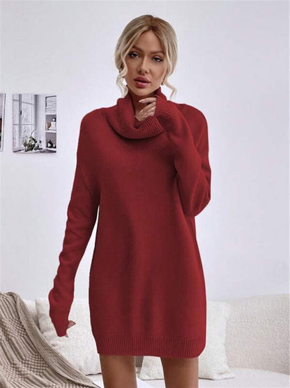 Solid Color Loose Turtleneck Knitted Sweater Dress