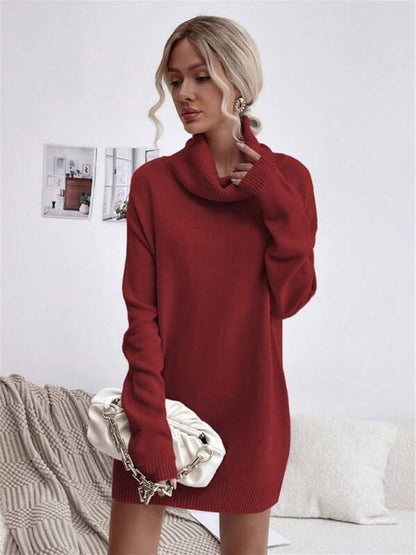 Solid Color Loose Turtleneck Knitted Sweater Dress