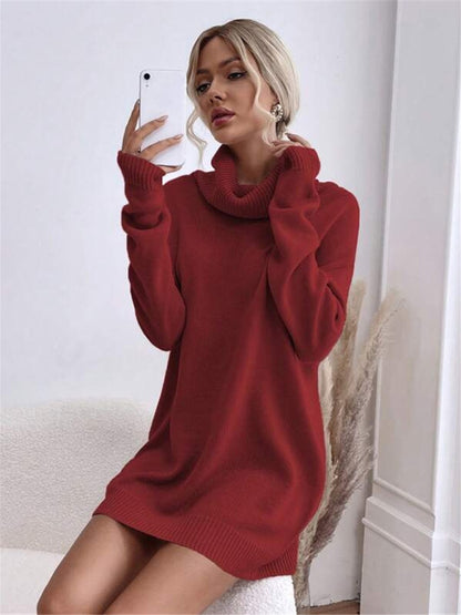 Solid Color Loose Turtleneck Knitted Sweater Dress